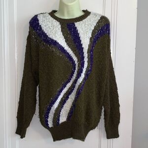 Vtg 80s Joyce dark olive green nubby sweater with swirl design on front